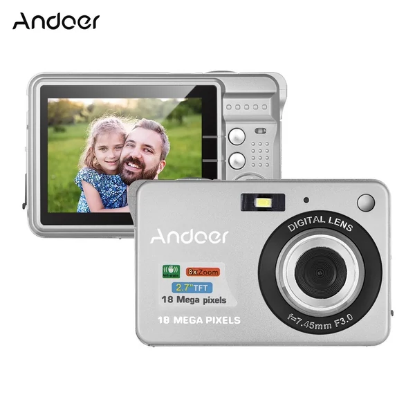 Andoer 18M 720P HD digitális videokamera 2 db újratölthető elemmel 8X digitális zoom rázkódásgátló 2,7 hüvelykes LCD - Ezüst