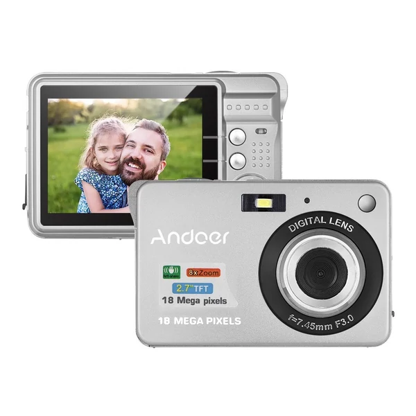 Andoer 18M 720P HD digitális videokamera 2 db újratölthető elemmel 8X digitális zoom rázkódásgátló 2,7 hüvelykes LCD - Ezüst