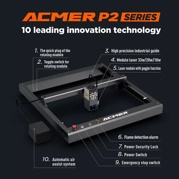 ACMER P2 33 W-os lézergravírozó automata levegő-rásegítő rendszerrel