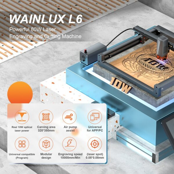 WAINLUX L6 lézergravírozó 10 W lézeres teljesítményű, nagy sebességű levegősegéd