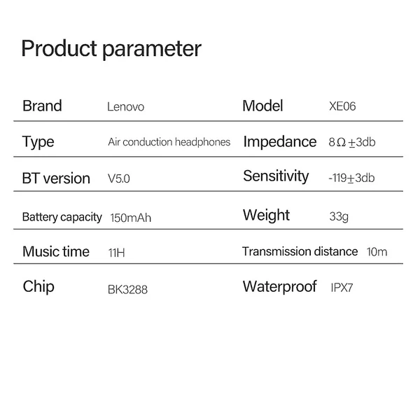 Lenovo XE06 vezeték nélküli BT fülre akasztható fülhallgató mikrofonnal/légvezetéssel/IPX7 vízálló/alacsony késleltetéssel - Fekete