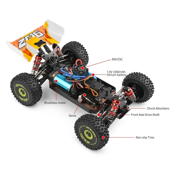 WLtoys XKS 144010 2,4 GHz-es 4WD terepjáró 75 km/h 1/14 versenyautó RTR fém alvázzal - Sárga