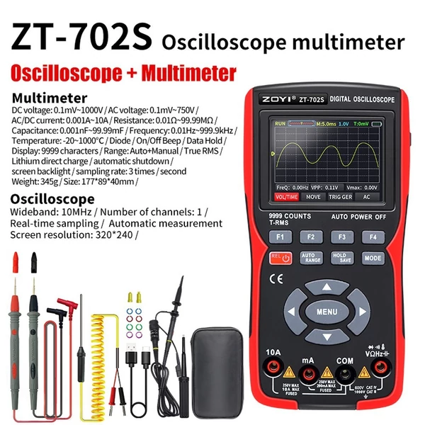 2 az 1-ben digitális oszcilloszkópos multiméter 48 MSa/s mintavételezési sebesség 10 MHz sávszélesség 9999 valós RMS 2,8 hüvelykes IPS színes kijelző