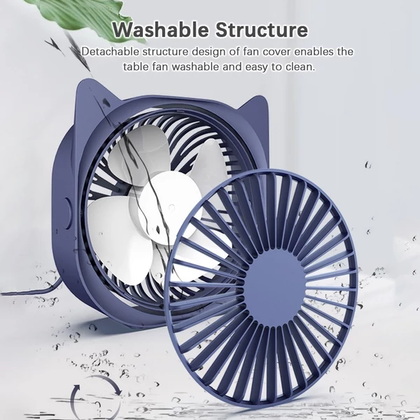 Hordozható asztali mini ventilátor USB 360°-ban forgatható, állítható sebességgel, alacsony dB - Kék