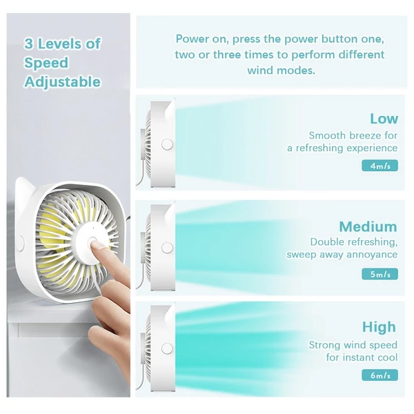 Hordozható asztali mini ventilátor USB 360°-ban forgatható, állítható sebességgel, alacsony dB - Pink