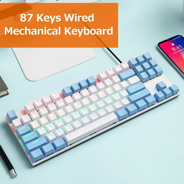 iBlancod K87 87 Gombos Vezetékes Mechanikus Gamer Billentyűzet - Fehér + Kék