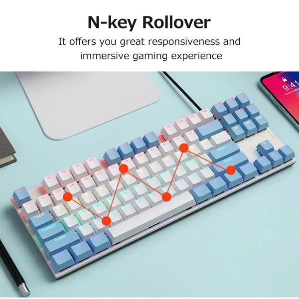 iBlancod K87 87 Gombos Vezetékes Mechanikus Gamer Billentyűzet - Fehér + Kék