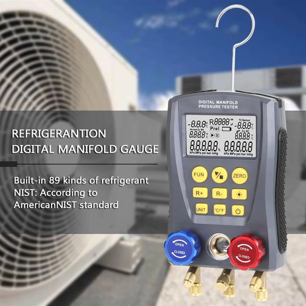 Hűtéstechnikai digitális nyomásmérő vákuumnyomás-elosztócső teszter HVAC hőmérséklet és vákuumnyomás teszter