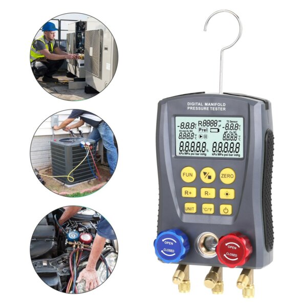 Hűtéstechnikai digitális nyomásmérő vákuumnyomás-elosztócső teszter HVAC hőmérséklet és vákuumnyomás teszter
