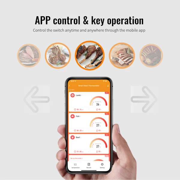 Intelligens húshőmérő 4 szondás digitális LCD kijelzővel 262 láb BT távolság, APP távirányító, időzítő, hőmérséklet riasztó