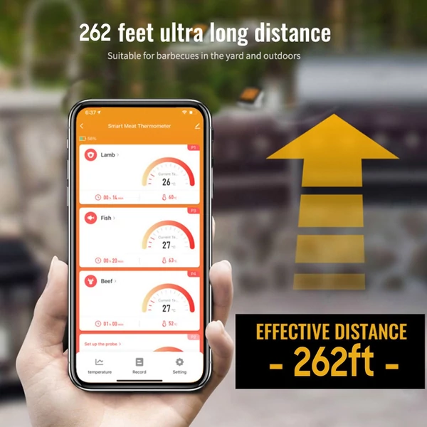 Intelligens húshőmérő 4 szondás digitális LCD kijelzővel 262 láb BT távolság, APP távirányító, időzítő, hőmérséklet riasztó