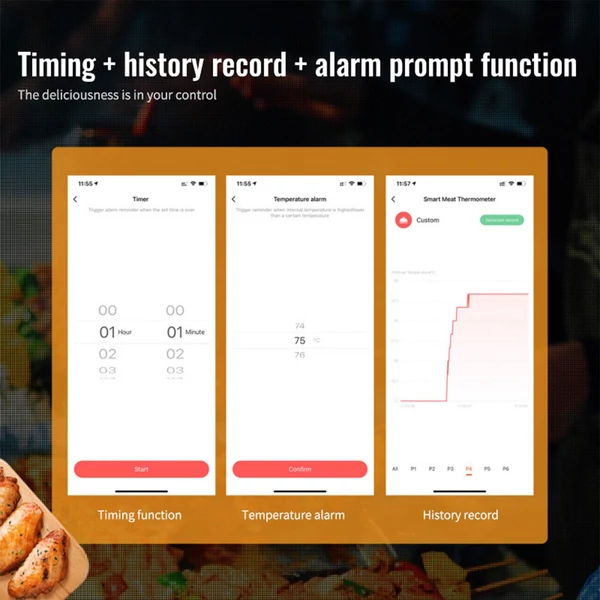 Intelligens húshőmérő 4 szondás digitális LCD kijelzővel 262 láb BT távolság, APP távirányító, időzítő, hőmérséklet riasztó