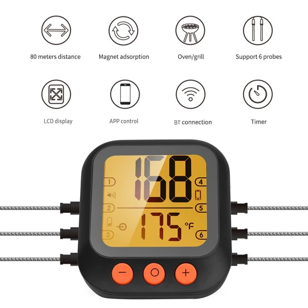 Intelligens húshőmérő 4 szondás digitális LCD kijelzővel 262 láb BT távolság, APP távirányító, időzítő, hőmérséklet riasztó