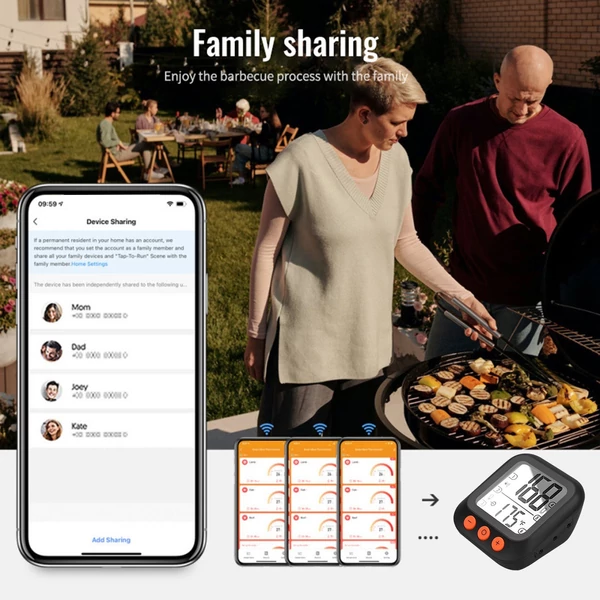Intelligens húshőmérő 4 szondás digitális LCD kijelzővel 262 láb BT távolság, APP távirányító, időzítő, hőmérséklet riasztó