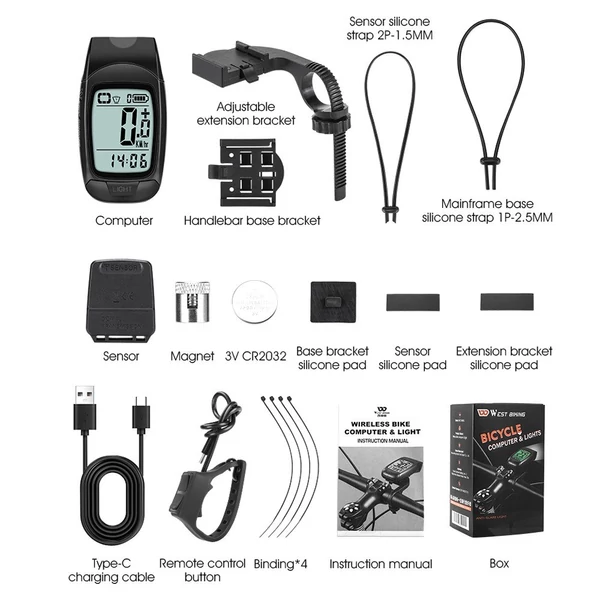 Teljes képernyős háttérvilágítású, többfunkciós kerékpáros sebességmérő, vezeték nélküli USB újratölthető vízálló világítással és kürttel