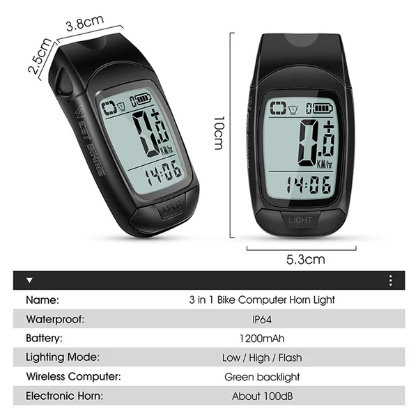 Teljes képernyős háttérvilágítású, többfunkciós kerékpáros sebességmérő, vezeték nélküli USB újratölthető vízálló világítással és kürttel