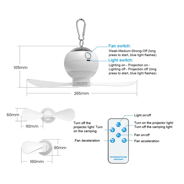 Többfunkciós USB újratölthető 3 az 1-ben projektoros ventilátoros lámpa távirányítóval