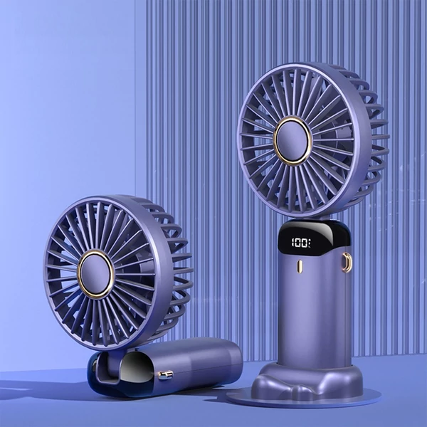 Mini hordozható kézi ventilátor, újratölthető 5 sebességfokozatban, 90°-ban összecsukható, zsinórral - Lila