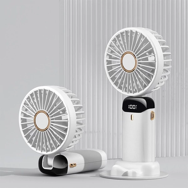 Mini hordozható kézi ventilátor, újratölthető 5 sebességfokozatban, 90°-ban összecsukható, zsinórral - Fehér