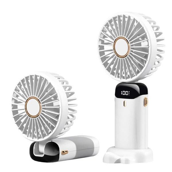 Mini hordozható kézi ventilátor, újratölthető 5 sebességfokozatban, 90°-ban összecsukható, zsinórral - Fehér