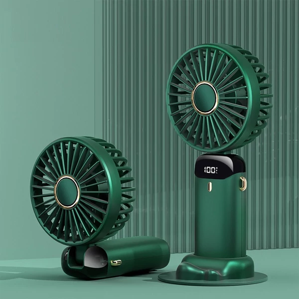 Mini hordozható kézi ventilátor, újratölthető 5 sebességfokozatban, 90°-ban összecsukható, zsinórral - Zöld