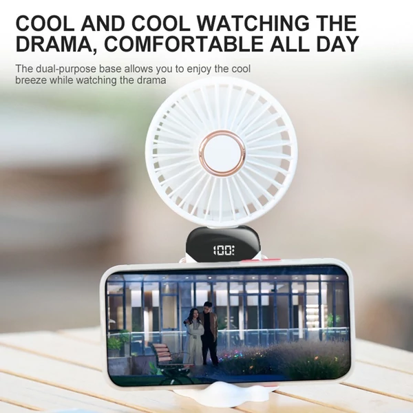 Mini hordozható kézi ventilátor, újratölthető 5 sebességfokozatban, 90°-ban összecsukható, zsinórral - Zöld