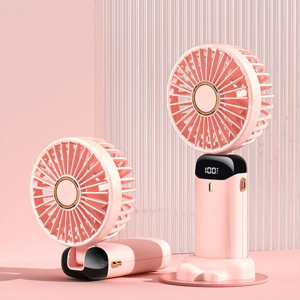 Mini hordozható kézi ventilátor, újratölthető 5 sebességfokozatban, 90°-ban összecsukható, zsinórral - Pink