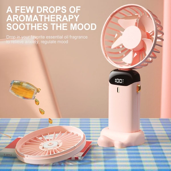 Mini hordozható kézi ventilátor, újratölthető 5 sebességfokozatban, 90°-ban összecsukható, zsinórral - Pink