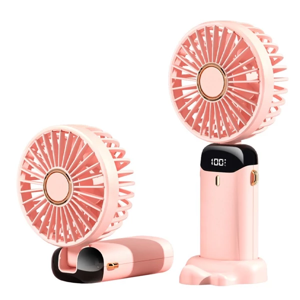 Mini hordozható kézi ventilátor, újratölthető 5 sebességfokozatban, 90°-ban összecsukható, zsinórral - Pink