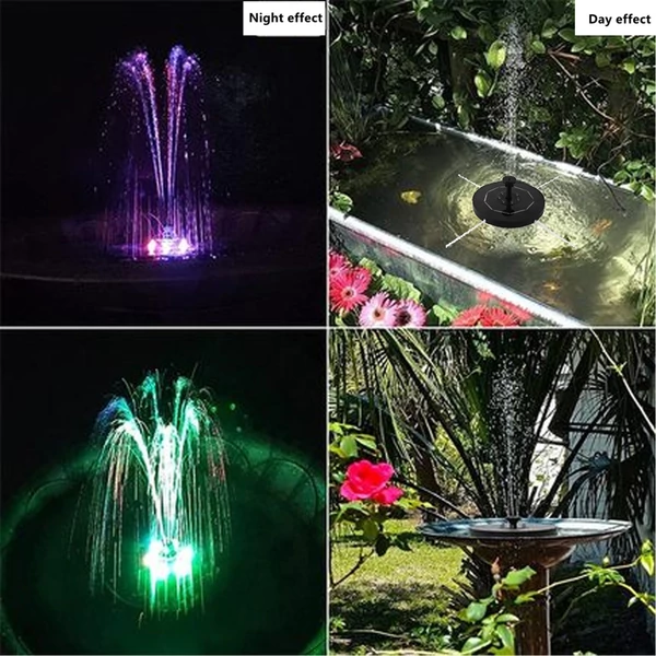 3,5 W LED-es napelemes szökőkút szivattyú színes gradiens fénnyel, 1800 mAh akkumulátorral, 6 fúvókával - Fekete