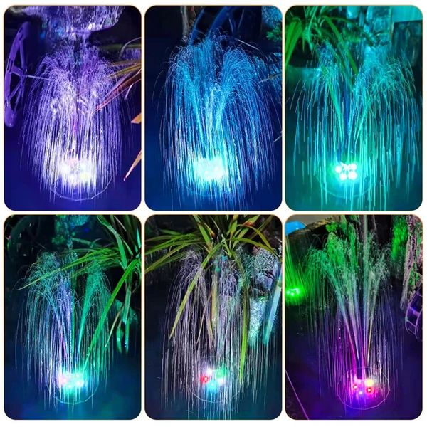 3,5 W LED-es napelemes szökőkút szivattyú színes gradiens fénnyel, 1800 mAh akkumulátorral, 6 fúvókával - Fekete