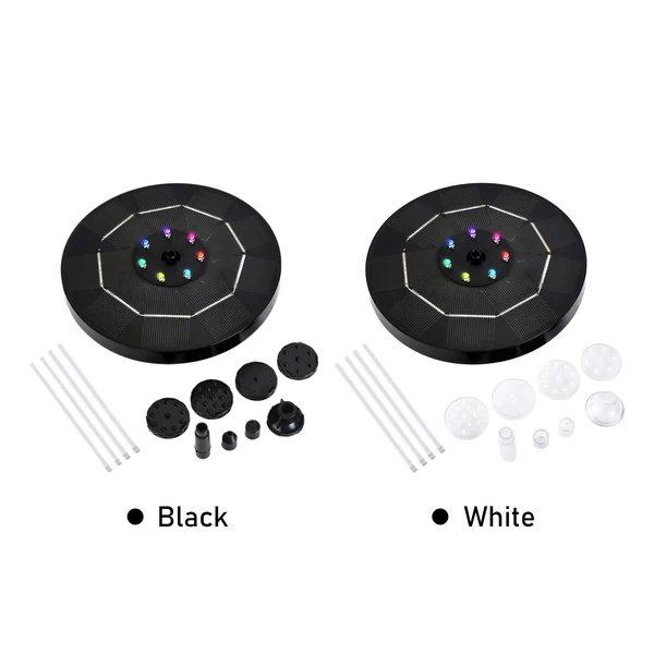 3,5 W LED-es napelemes szökőkút szivattyú színes gradiens fénnyel, 1800 mAh akkumulátorral, 6 fúvókával - Fehér