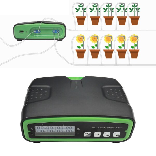 Automatikus dupla szivattyús öntözőrendszer 30 napos programozható vízidőzítő 20 cserepes növény számára LCD képernyővel, 49,2 láb csővel - Fekete