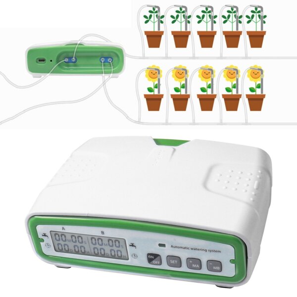 Automatikus dupla szivattyús öntözőrendszer 30 napos programozható vízidőzítő 20 cserepes növény számára LCD képernyővel, 49,2 láb csővel - Fehér