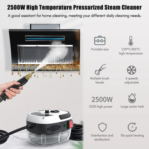 2500W hordozható kézi gőztisztító, magas hőmérsékletű nyomásos tisztítógép kefe fejekkel konyhához, bútorokhoz, fürdőszobához, autóhoz - Fehér