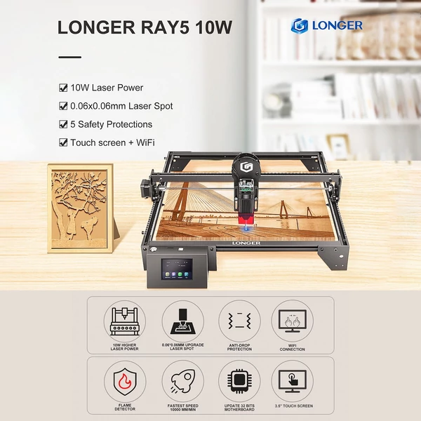 LONGER Ray5 10 W lézergravírozó 3,5 hüvelykes érintőképernyővel