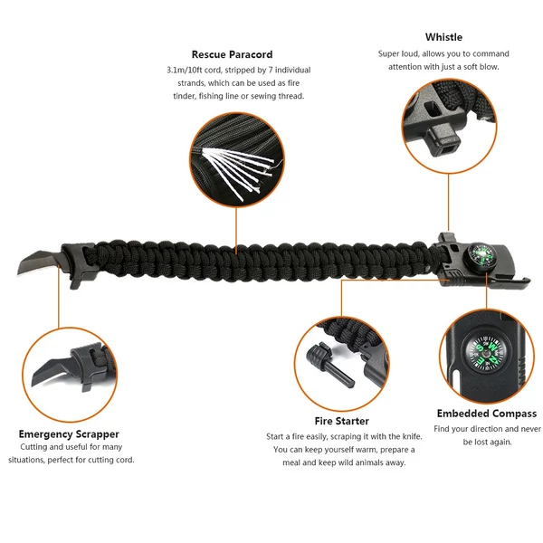 Kültéri eszközök túlélési paracord karkötők Többfunkciós ejtőernyős kötél tűzkő kaparó iránytű mentő síp