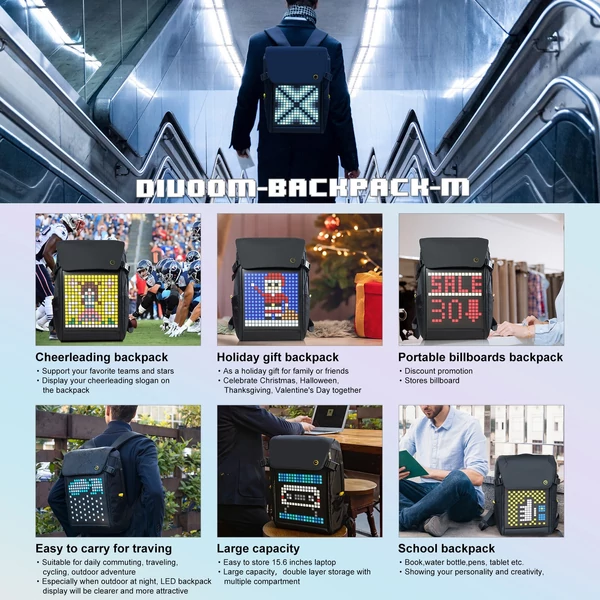 Divoom Backpack M LED képernyővel kültéri vízálló unisex hátizsák tevékenységhez, utazáshoz, egynapos kiránduláshoz