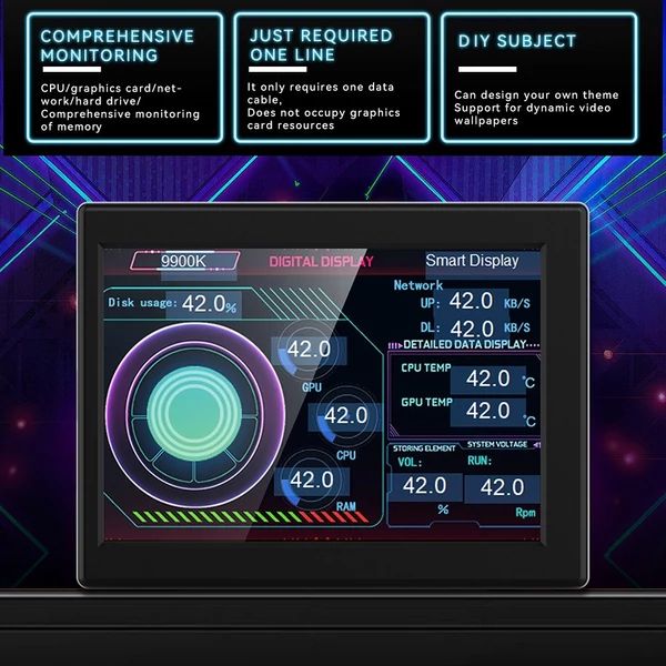 3,5 hüvelykes IPS számítógép-monitor CPU GPU felügyeleti alképernyő ABS ház támogatása - Fekete