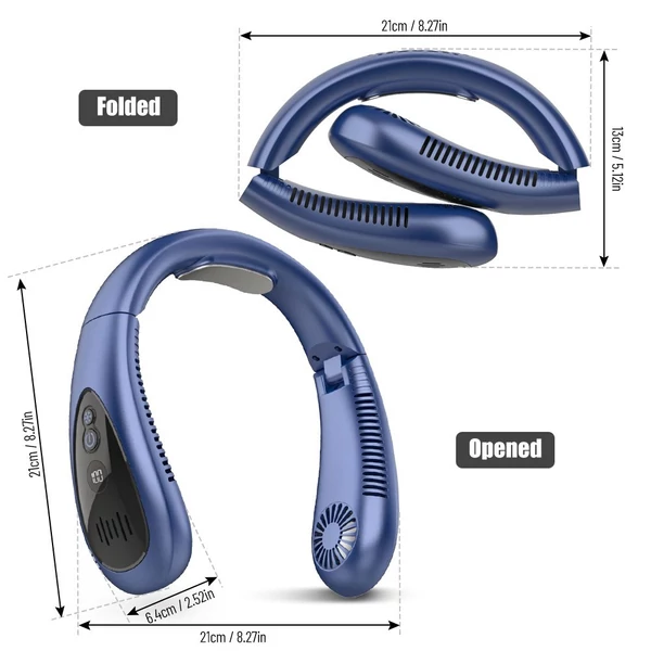 Hordozható nyakventilátor hűtő légáramlás 5000 mAh akkumulátorral működő USB újratölthető 3 sebességes fejhallgatóval, lapát nélküli kivitel - Sötét kék