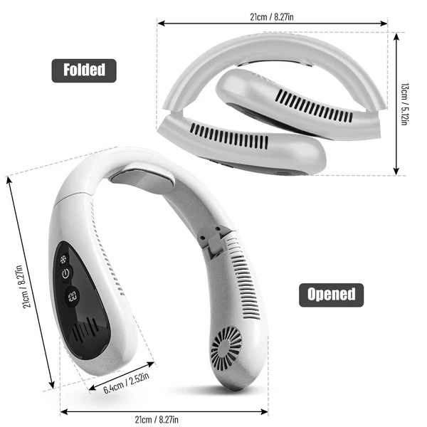 Hordozható nyakventilátor hűtő légáramlás 5000 mAh akkumulátorral működő USB újratölthető 3 sebességes fejhallgatóval, lapát nélküli kivitel - Fehér