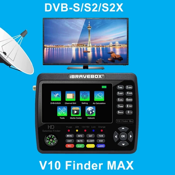 iBRAVEBOX V10 Finder Max HD műholdas TV jelkereső DVB-S/S2/S2X digitális kézi jelmérő műholdkereső H.265 4,3 hüvelykes LCD a parabolaantenna beállításához