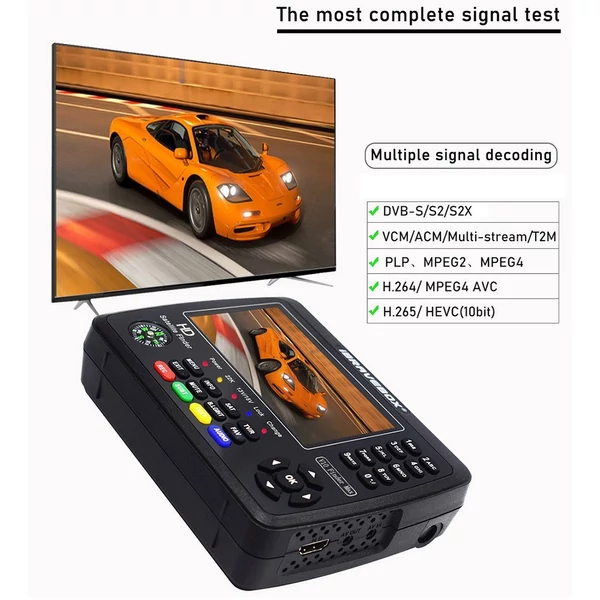 iBRAVEBOX V10 Finder Max HD műholdas TV jelkereső DVB-S/S2/S2X digitális kézi jelmérő műholdkereső H.265 4,3 hüvelykes LCD a parabolaantenna beállításához