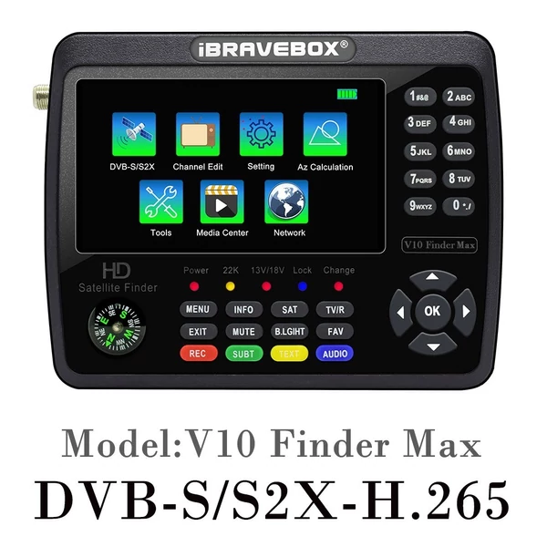 iBRAVEBOX V10 Finder Max HD műholdas TV jelkereső DVB-S/S2/S2X digitális kézi jelmérő műholdkereső H.265 4,3 hüvelykes LCD a parabolaantenna beállításához