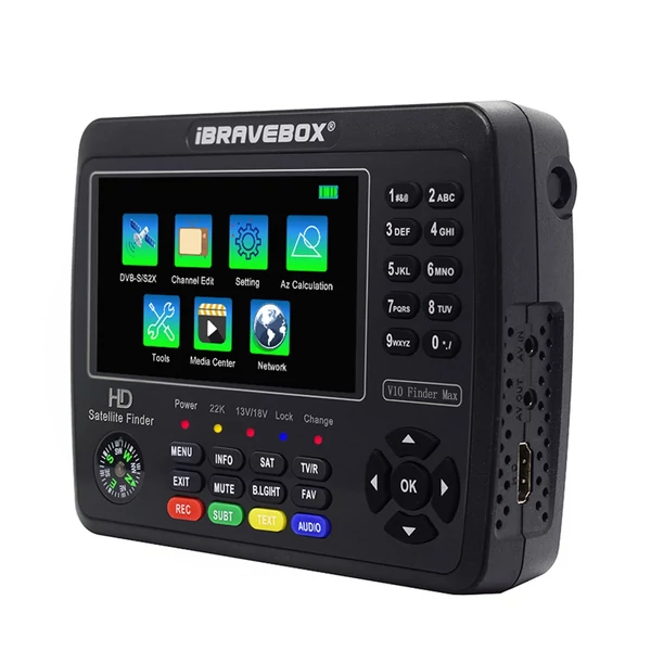 iBRAVEBOX V10 Finder Max HD műholdas TV jelkereső DVB-S/S2/S2X digitális kézi jelmérő műholdkereső H.265 4,3 hüvelykes LCD a parabolaantenna beállításához