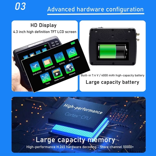 iBRAVEBOX V10 Finder Max HD műholdas TV jelkereső DVB-S/S2/S2X digitális kézi jelmérő műholdkereső H.265 4,3 hüvelykes LCD a parabolaantenna beállításához