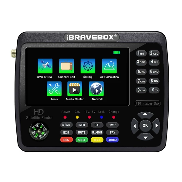 iBRAVEBOX V10 Finder Max HD műholdas TV jelkereső DVB-S/S2/S2X digitális kézi jelmérő műholdkereső H.265 4,3 hüvelykes LCD a parabolaantenna beállításához