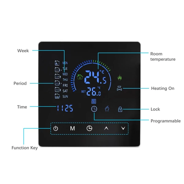 Intelligens termosztátos LCD kijelző érintőgombos programozható hőmérséklet-szabályozó elektromos fűtéshez (WiFi-vel)