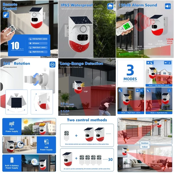 Vezeték nélküli RF433 kültéri napelemes fényjelző infravörös 120 dB hangriasztó berendezés 110°-ban állítható szögben USB-kábellel és forgatható konzollal