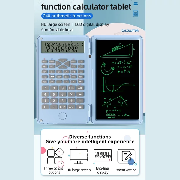 Összecsukható tudományos számológép törölhető írótáblával - Fekete